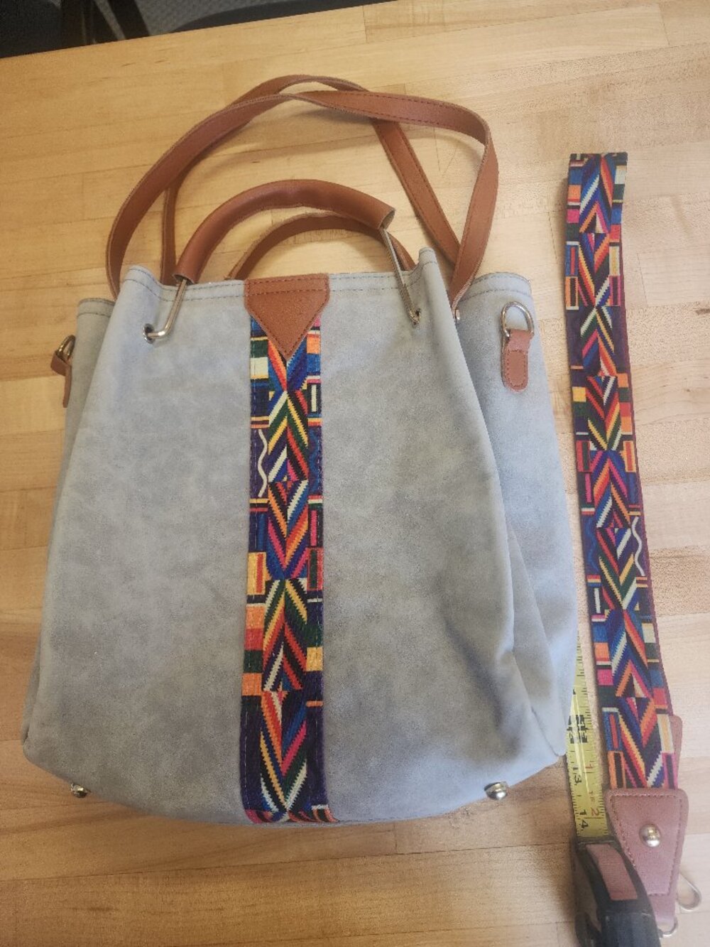 Gray suede tote with detachable guitar strap